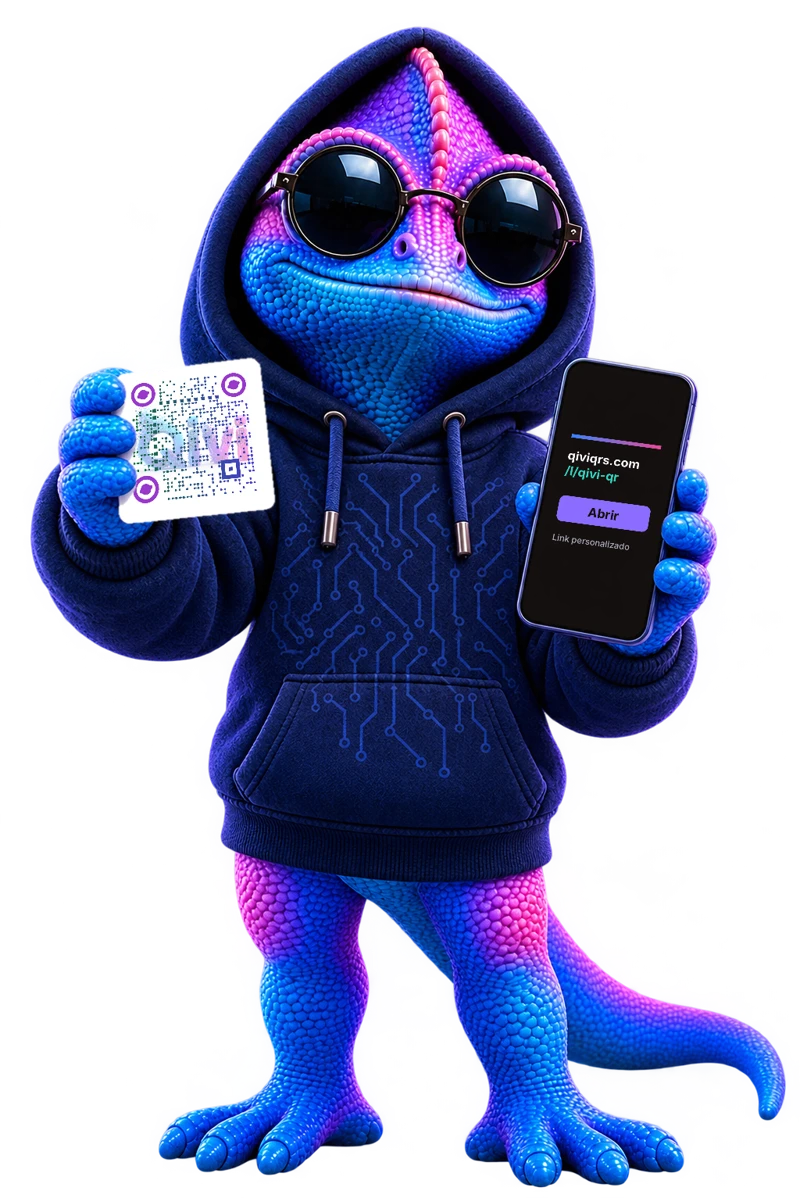 Qivo sosteniendo un QR de Qivi y un celular con su link personalizado