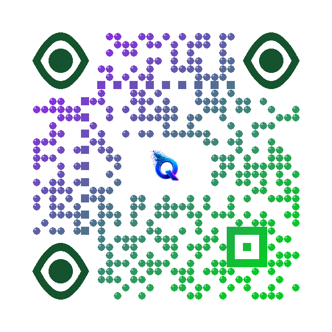 QR code with gradient dots and a logo in the center
