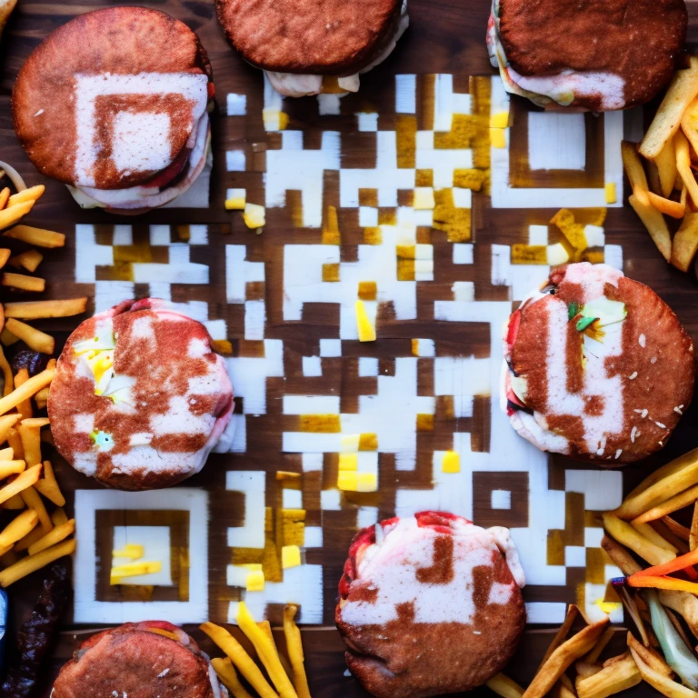 AI-generated QR code: burgers and fries on a table