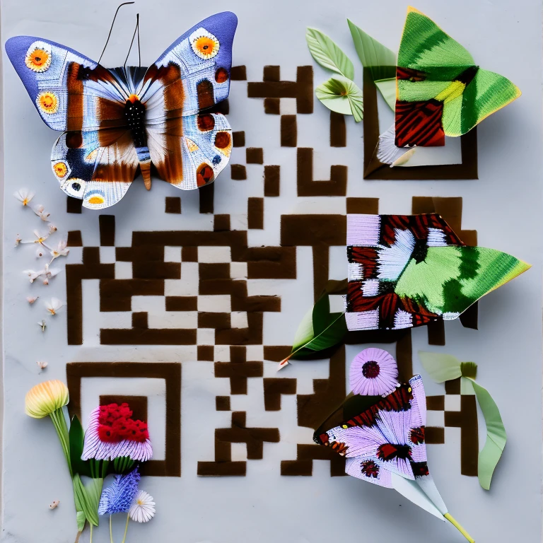 AI-generated QR code: origami butterflies, leaves and flowers